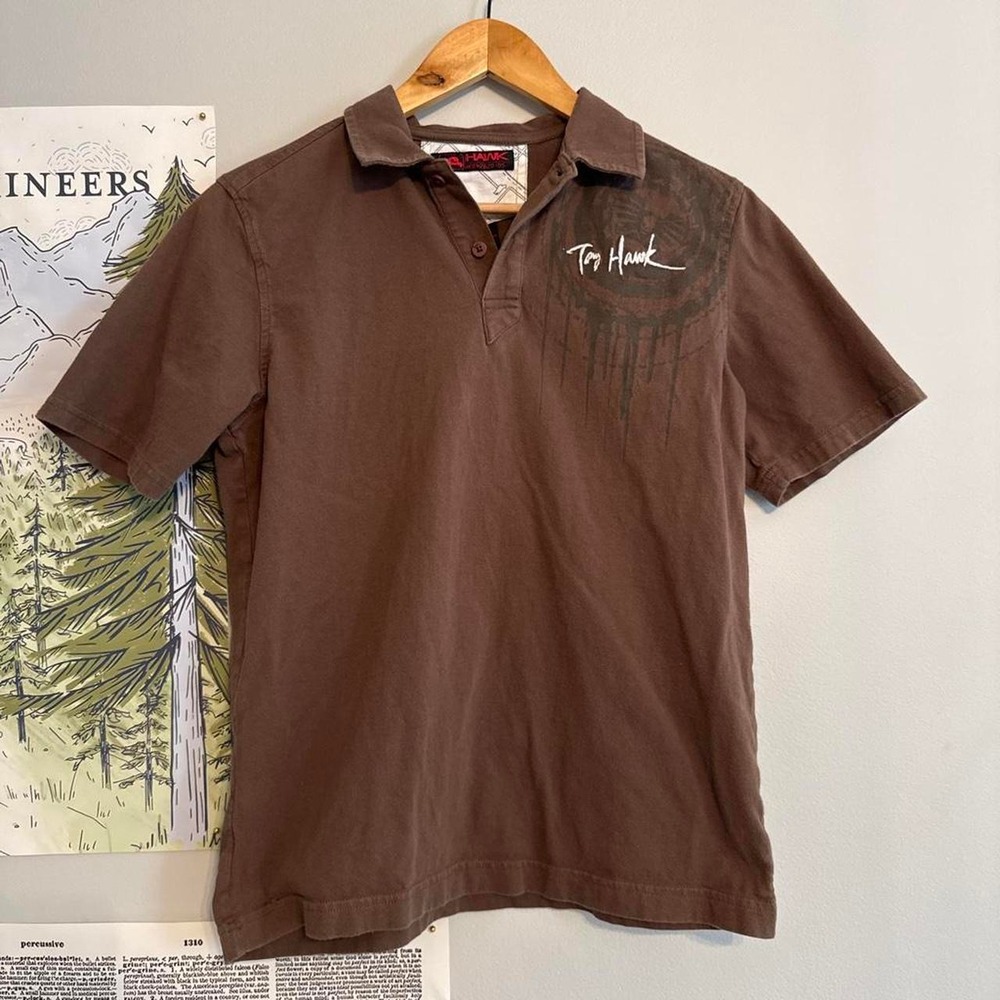 Grunge Cyber Y2K Tony Hawk Brown Polo Graphic Tee Vintage